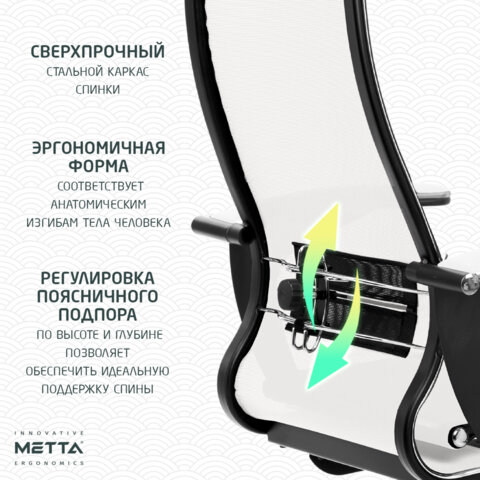 Кресло офисное МЕТТА "К-4-Т" хром, прочная сетка, сиденье и спинка регулируемые, белое