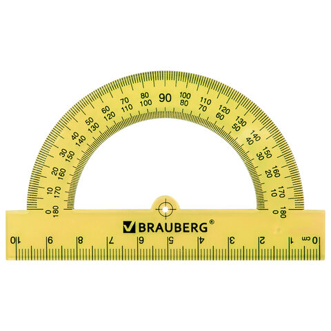 Транспортир пластиковый 10 см, 180 градусов, BRAUBERG, прозрачный, неоновый, ассорти, 210847