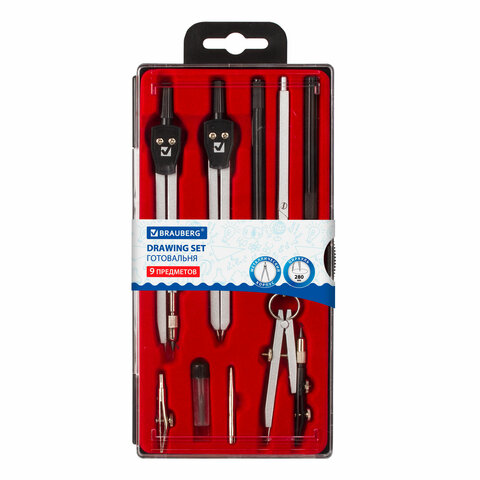 Готовальня BRAUBERG "Architect", 9 предметов: циркуль + измер + кронциркуль, рейсфедер + держатель, 2 вставки, удлинитель, грифель, 210353