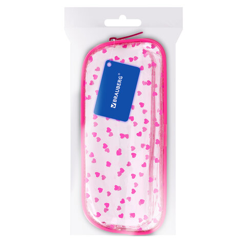 Пенал-косметичка BRAUBERG LUCENT на молнии, прозрачный, "Hearts", 21х5х9 см, 272345