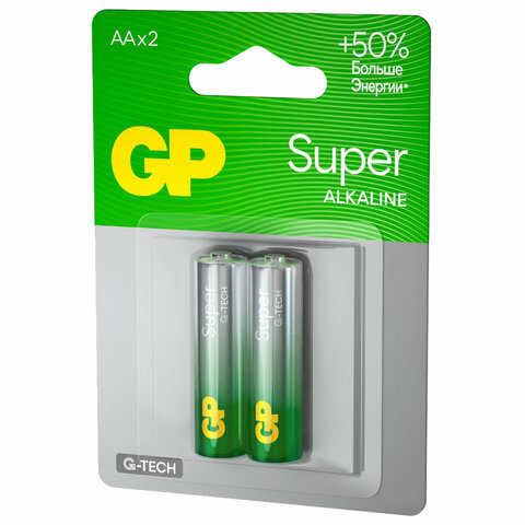 Батарейки КОМПЛЕКТ 2 шт., GP Super G-Tech, AA (LR6, 15А), алкалиновые, пальчиковые, блистер, 15A-2CR2