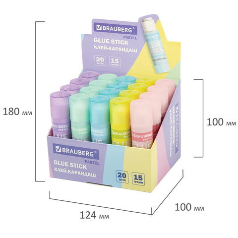 Клей-карандаш в пастельном корпусе BRAUBERG PASTEL, 15 г, PVP-основа, ассорти, 271249