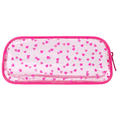 Пенал-косметичка BRAUBERG LUCENT на молнии, прозрачный, "Hearts", 21х5х9 см, 272345