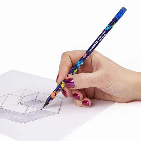 Карандаш чернографитный с принтом ЮНЛАНДИЯ МОНСТРИКИ, 1 шт., HB, с ластиком, корпус ассорти, 182014