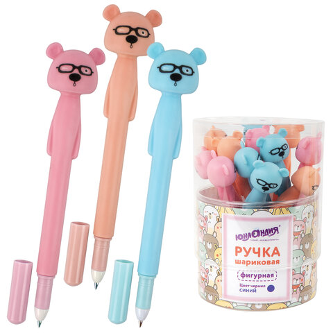 Ручка фигурная шариковая ЮНЛАНДИЯ "Мишка", мягкий силиконовый корпус, ассорти, СИНЯЯ, пишущий узел 0,7 мм, 143780
