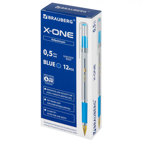 Ручка шариковая с грипом BRAUBERG "X-ONE", СИНЯЯ, корпус прозрачный, узел 0,5 мм, линия письма 0,35 мм, 143985