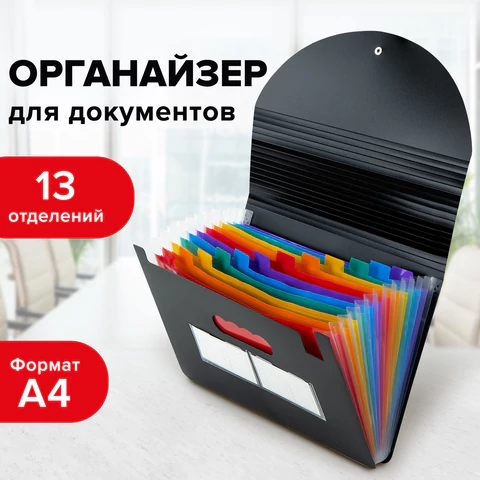 Папка-органайзер для бумаг и документов на резинке, 13 отделений, BRAUBERG DOCS, А4, черная, 271152