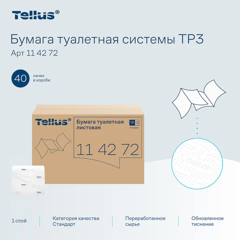 Бумага туалетная Tellus/TORK (Система Т3) UNIVERSAL, КОМПЛЕКТ 40 шт., листовая, 250 л., 11х23 см, 1-слойная, 114272
