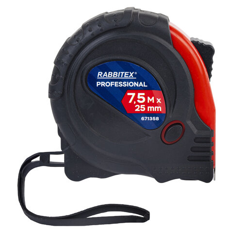 Рулетка измерительная 7,5 м х 25 мм, обрезиненный корпус, 3 фиксатора, RABBITEX (РАББИТЕКС) Professional, 671358