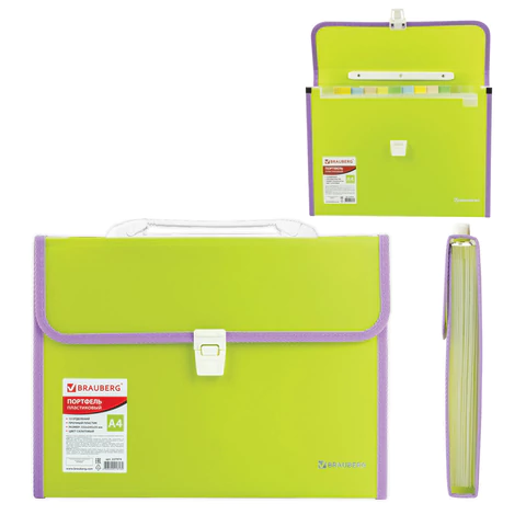 Папка-портфель пластиковая BRAUBERG "JOY", А4 (330х245х35 мм), 13 отделений, с окантовкой, салатовая, 227974