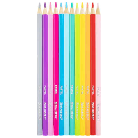 Карандаши цветные BRAUBERG PASTEL, 12 пастельных цветов, трехгранные, грифель 3 мм, натуральное дерево, 181850