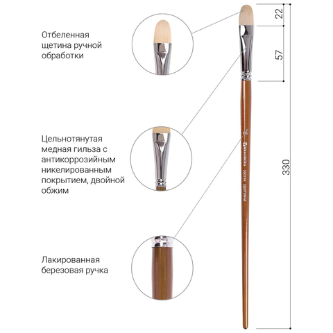 Кисть художественная профессиональная BRAUBERG ART CLASSIC, щетина, овальная, № 16, длинная ручка