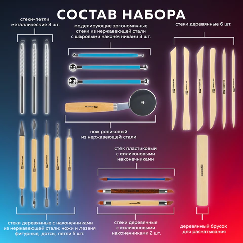 Набор инструментов для лепки и моделирования, 22 шт. в пластиковой тубе, BRAUBERG ART CLASSIC, 271174