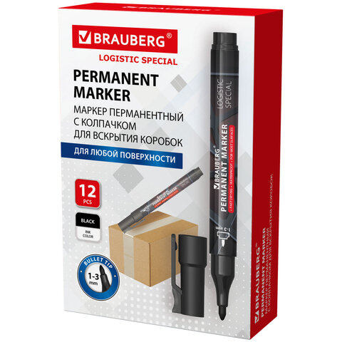 Маркер перманентный с колпачком для вскрытия коробок BRAUBERG LOGISTIC SPECIAL, черный, 1-3 мм, 152569
