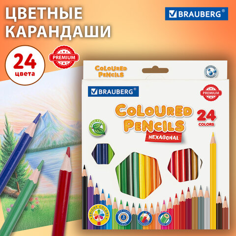 Карандаши цветные BRAUBERG PREMIUM, 24 цвета, шестигранные, грифель 3 мм, 181668