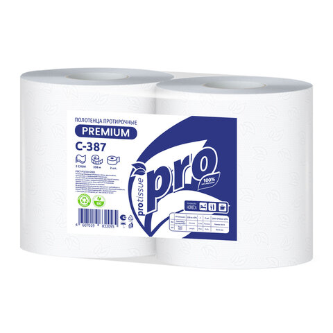 Бумага протирочная 350 м с перфорацией, PROtissue (W1) 2-слойная, 1000 листов 24х35 см, КОМПЛЕКТ 2 шт., С387