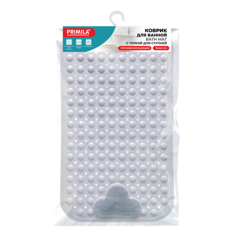 Коврик для ванны противоскользящий с теркой для ступней 70х40 см, серый, ПВХ, присоски, PRIMILA (ПРИМИЛА), 700374