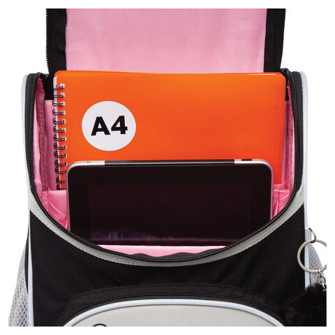 Ранец GRIZZLY анатомическая спинка, с мешком для обуви, для девочек, "BLACKY", серый, 33х25х13 см, RAm-584-1/2