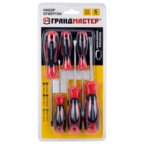 Набор отверток SL/PH, 6 шт., CrV, двухкомпонентные рукоятки, ГРАНДМАСТЕР, 671328