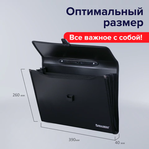 Папка-портфель пластиковая BRAUBERG А4+ (390х260х40 мм), 3 отделения, фактура линейная, черная, 221389