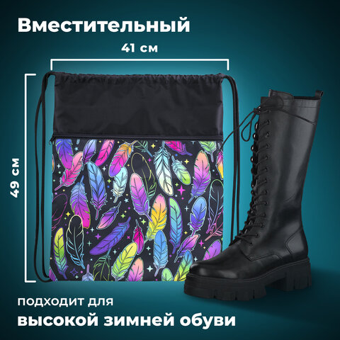 Мешок для обуви BRAUBERG БОЛЬШОЙ, с ручкой, карман на молнии, сетка, 49х41 см, "Feathers", 271057