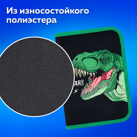 Пенал ПИФАГОР, 1 отделение, 2 откидные планки, полиэстер, 20х14 см, "Dino roar", 272290