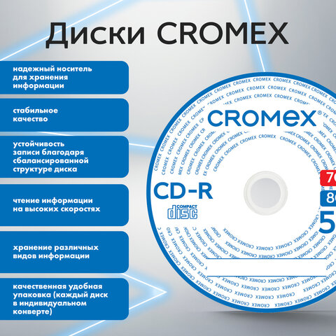 Диски CD-R в конверте КОМПЛЕКТ 50 шт., 700 Mb, 52x, CROMEX (КРОМЕКС), 513797