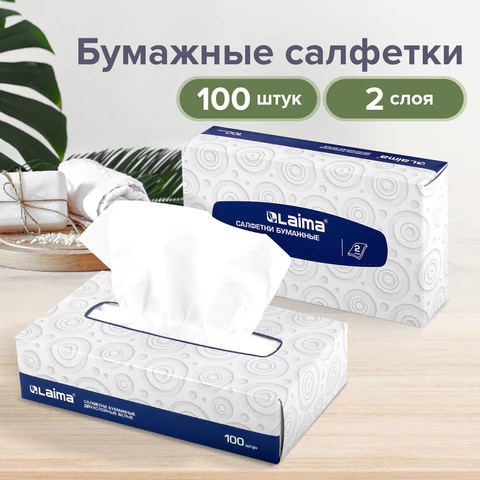 Салфетки косметические 100 штук в картонном боксе, 2-слойные, LAIMA/ЛАЙМА, 19,5х20 см, 126909