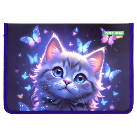 Папка для тетрадей BRAUBERG KIDS А4, 1 отделение, пластик, молния вокруг, "Curious cat", 273336