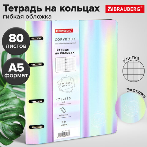 Тетрадь на кольцах А5 (180х220 мм), 80 листов, под кожу, клетка, тиснение фольгой, BRAUBERG VISTA, Gradient, 112131