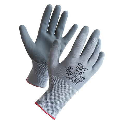 Перчатки полиэфирные ПОЛИКС маслостойкие 1 пара, 15 класс, 30-32 г, размер 9, покрытие - облив ПОЛИУРЕТАНОВОЕ, эластичные и комфортные, СВС, 93-243 сер/сер