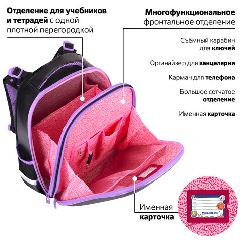 Ранец BRAUBERG SHINY, 2 отделения, с брелком, Pretty face, 38х28х14 см, 273142