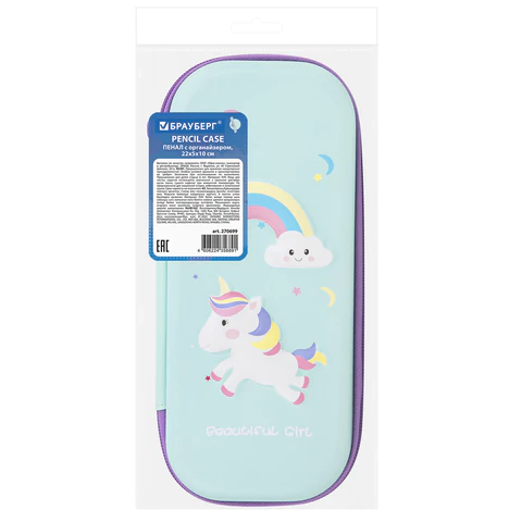 Пенал BRAUBERG, 1 отделение, 1 откидная планка, EVA 3D, 22х10х5 см, "Unicorn", 270699