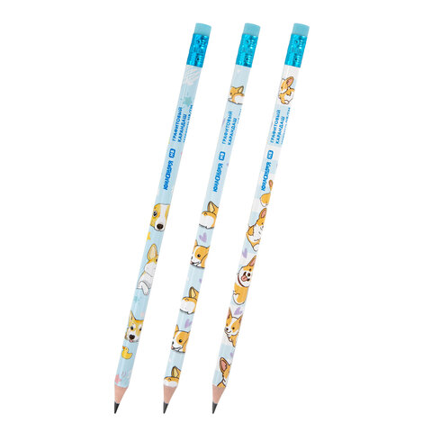 Карандаш чернографитный с принтом ЮНЛАНДИЯ КОРГИ, 1 шт., HB, с ластиком, корпус ассорти, 182009