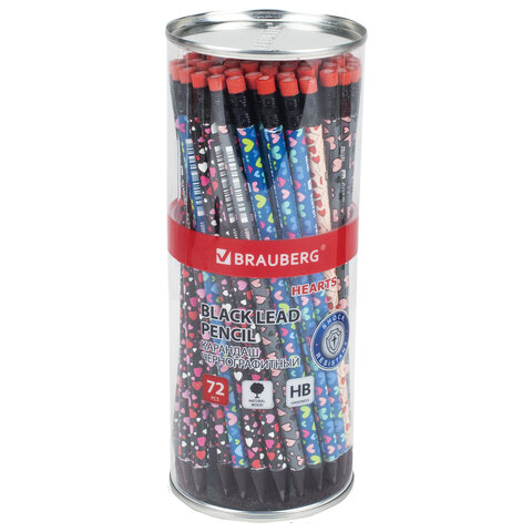 Карандаш чернографитный BRAUBERG "HEARTS", 1 шт., HB, с ластиком, корпус ассорти, 181762