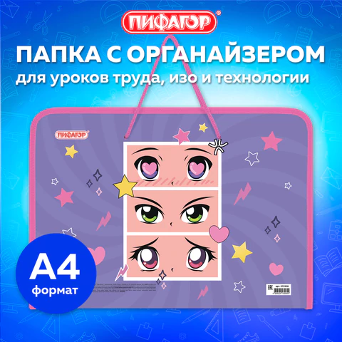 Папка для труда на молнии с ручками ПИФАГОР А4, 1 отделение, пластик, органайзер, "Anime eyes", 272228
