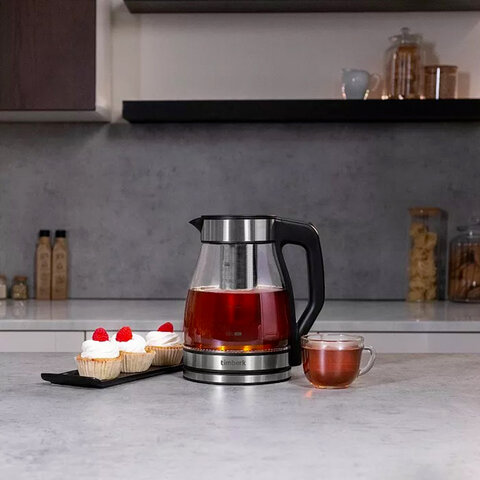 Чайник со съемным заварником TIMBERK T-EK27G02, 1,5 л, 1800 Вт, закрытый нагревательный элемент, стекло, стальной