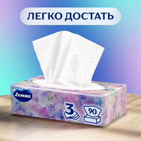Салфетки косметические 90 штук в картонном боксе, 3-слойные, ZEMMA/ZEWA Deluxe Design, 284201