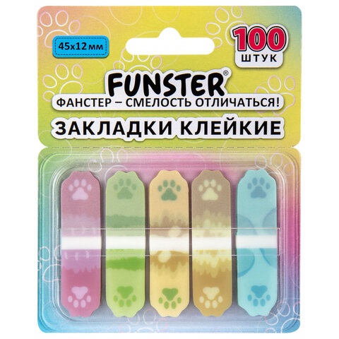 Закладки клейкие Z-сложения FUNSTER (ФАНСТЕР) "Лапки собак", 45х12 мм, 100 шт. (5 цветов х 20 листов), в диспенсере, 116693