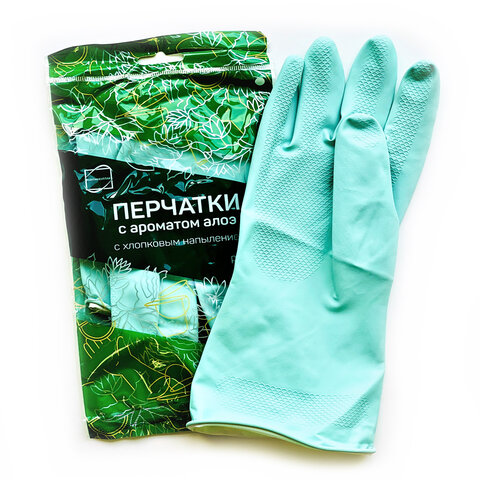 Перчатки МНОГОРАЗОВЫЕ латексные с ароматом АЛОЭ зеленые, хлопчатобумажное напыление, размер 7-8, M (средний), вес 58 г, КП, 139597