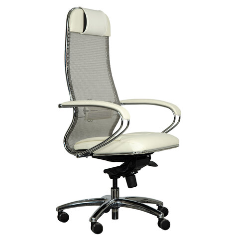 Кресло офисное МЕТТА "SAMURAI" SL-1, сверхпрочная ткань-сетка/экокожа, бежевое