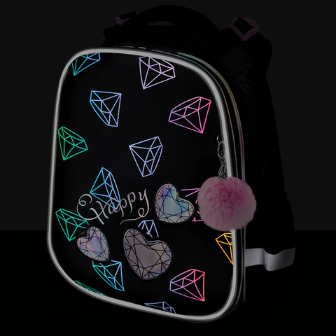 Ранец BRAUBERG LUMINOUS, 2 отделения, с брелоком, "Diamonds", СВЕТЯЩИЙСЯ РИСУНОК, 38х29х16 см, 272070