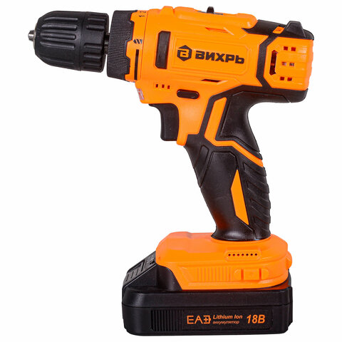 Дрель-шуруповерт безударная АККУМУЛЯТОРНАЯ, с двумя аккумуляторами 1,5 Ач, 18 В, ВИХРЬ ДА-18Л-2КА, 72/14/25