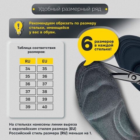 Стельки для обуви с ЭФФЕКТОМ ПАМЯТИ, материал MEMORY FOAM, размер RU 34-39 / EU 35-40, с линиями выреза, SHEGRA (ШЕГРА), 700746