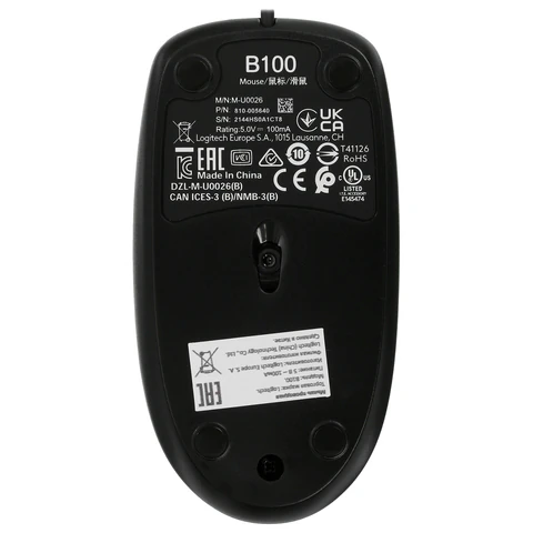 Мышь проводная LOGITECH B100, USB, 2 кнопки + 1 колесо-кнопка, оптическая, черная
