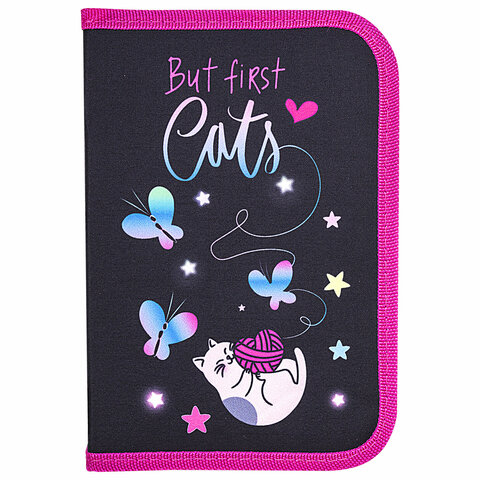 Пенал BRAUBERG с наполнением, 1 отделение, 1 откидная планка, 24 предмета, 21х14 см, "Cats first", 271525