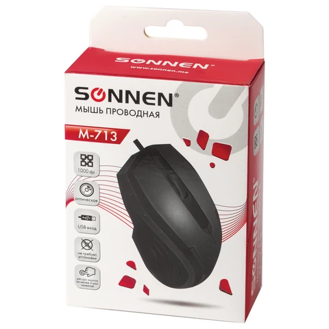 Мышь проводная SONNEN М-713, USB, 1000 dpi, 2 кнопки + колесо-кнопка, оптическая, черная, 512637