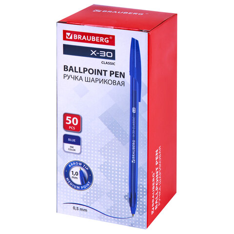Ручка шариковая BRAUBERG X-30 CLASSIC, СИНЯЯ, мягкое письмо, пишущий узел 1 мм, линия письма 0,5 мм, 144331