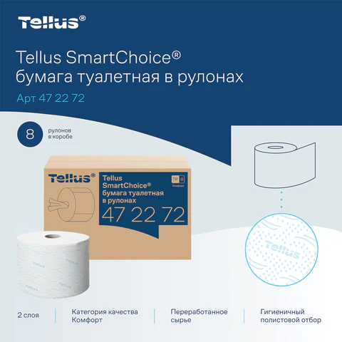 Бумага туалетная 207 м, Tellus/TORK (Система T8) SmartOne, ADVANCED, КОМПЛЕКТ 8 рулонов, 2-слойная, 472272