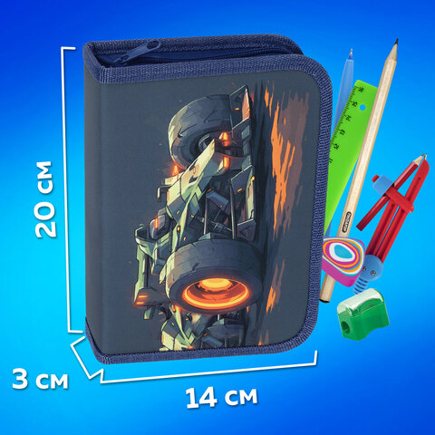 Пенал ПИФАГОР, 1 отделение, 2 откидные планки, полиэстер, 20х14 см, "Speed bolid", 273479